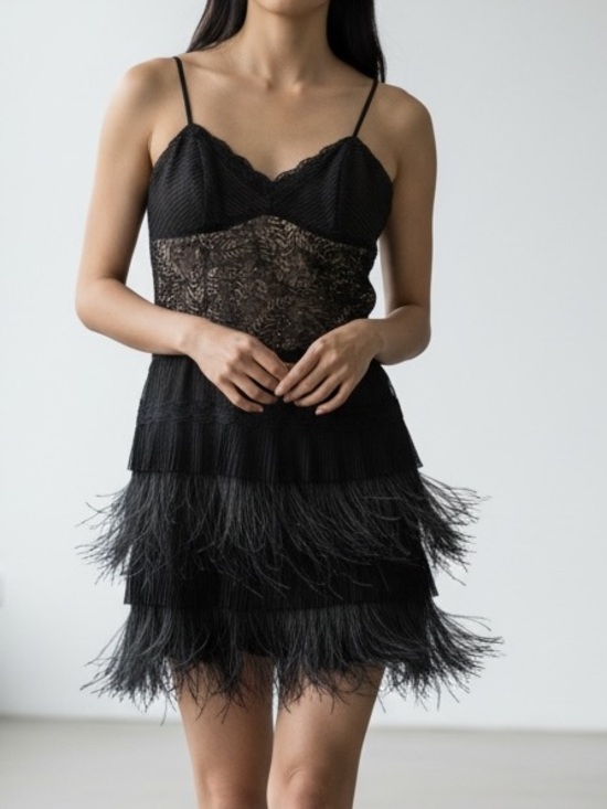 BCBGMaxAzria Dresses & Skirts - BCBGMaxAzria Black Lace and Fringe Mini Dress
